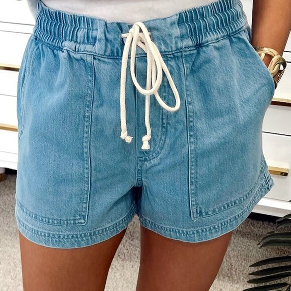 Drawstring Elastic Waist Jean Shorts - Picture 1 of 10
